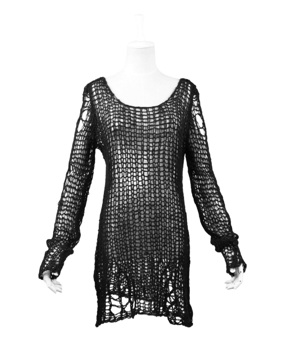 Edgy black shredded knit crocheted sweater with long sleeves, perfect for a punk rave inspired outfit.