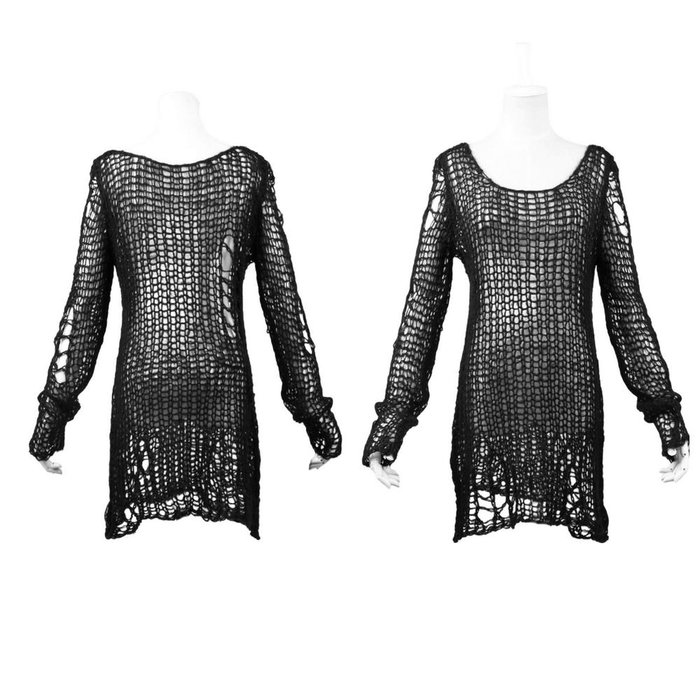 Black shredded knit crocheted sweater with long sleeves and a loose-fit design, perfect for punk-inspired outfits.