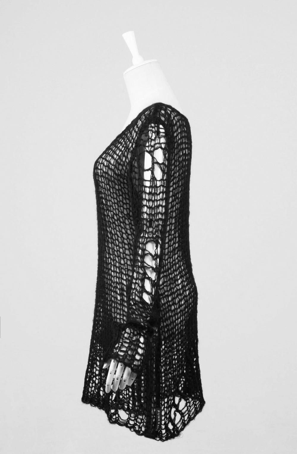 Edgy black shredded knit crocheted sweater with long sleeves, perfect for layering and a punk-inspired look.