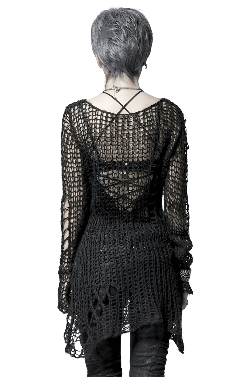 Back view of a black shredded knit crocheted sweater with long sleeves, featuring a gothic grunge style.