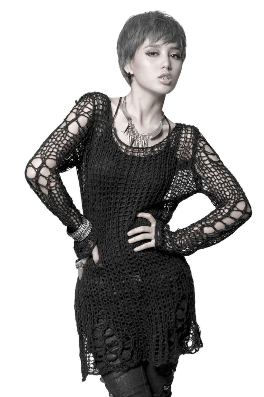 Punk Rave inspired black shredded knit crochet sweater with long sleeves, styled for a trendy goth look.
