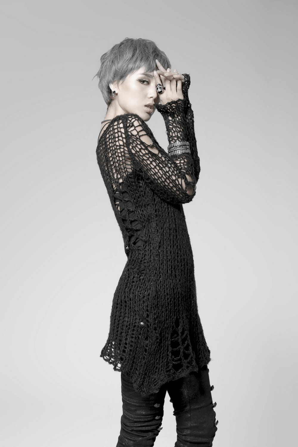 Punk Rave inspired black shredded knit crocheted sweater with long sleeves, perfect for a gothic grunge style.