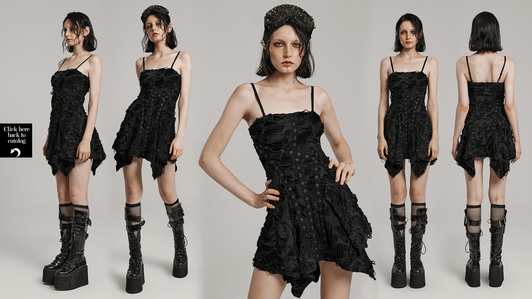 Black Shredded Punk Mini Dress with Tattered Texture Black Shredded Punk Mini Dress with Tattered Texture