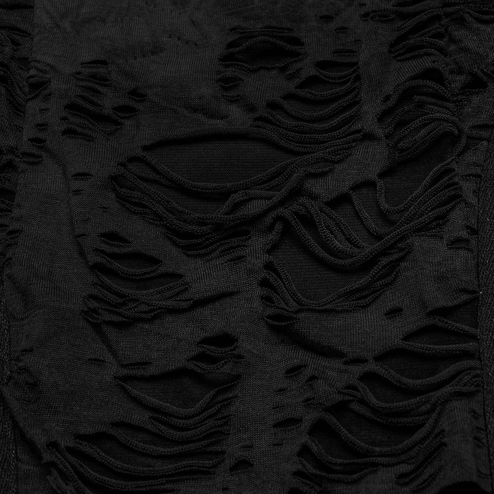 Close-up of black shredded fabric showcasing tattered texture and rip details for a punk-inspired look.
