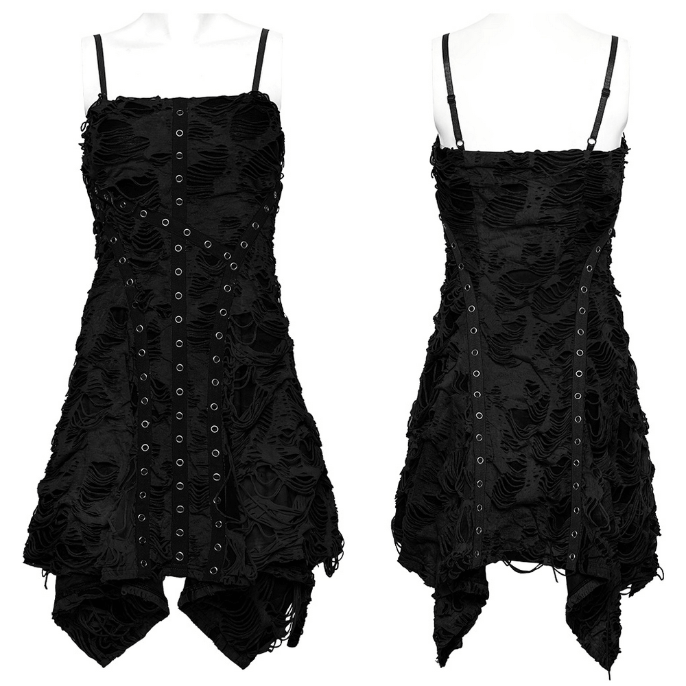 Edgy black shredded punk mini dress with lace-up details and tattered texture, perfect for a goth-inspired look.
