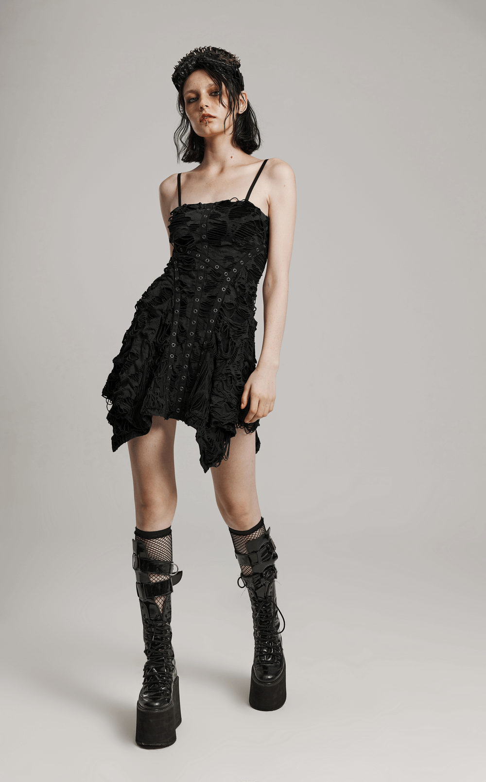 Black Shredded Punk Mini Dress with Tattered Texture Black Shredded Punk Mini Dress with Tattered Texture