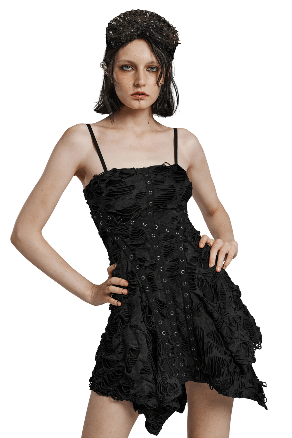 Edgy black shredded punk mini dress with tattered texture and lace-up details, perfect for a goth-inspired look.
