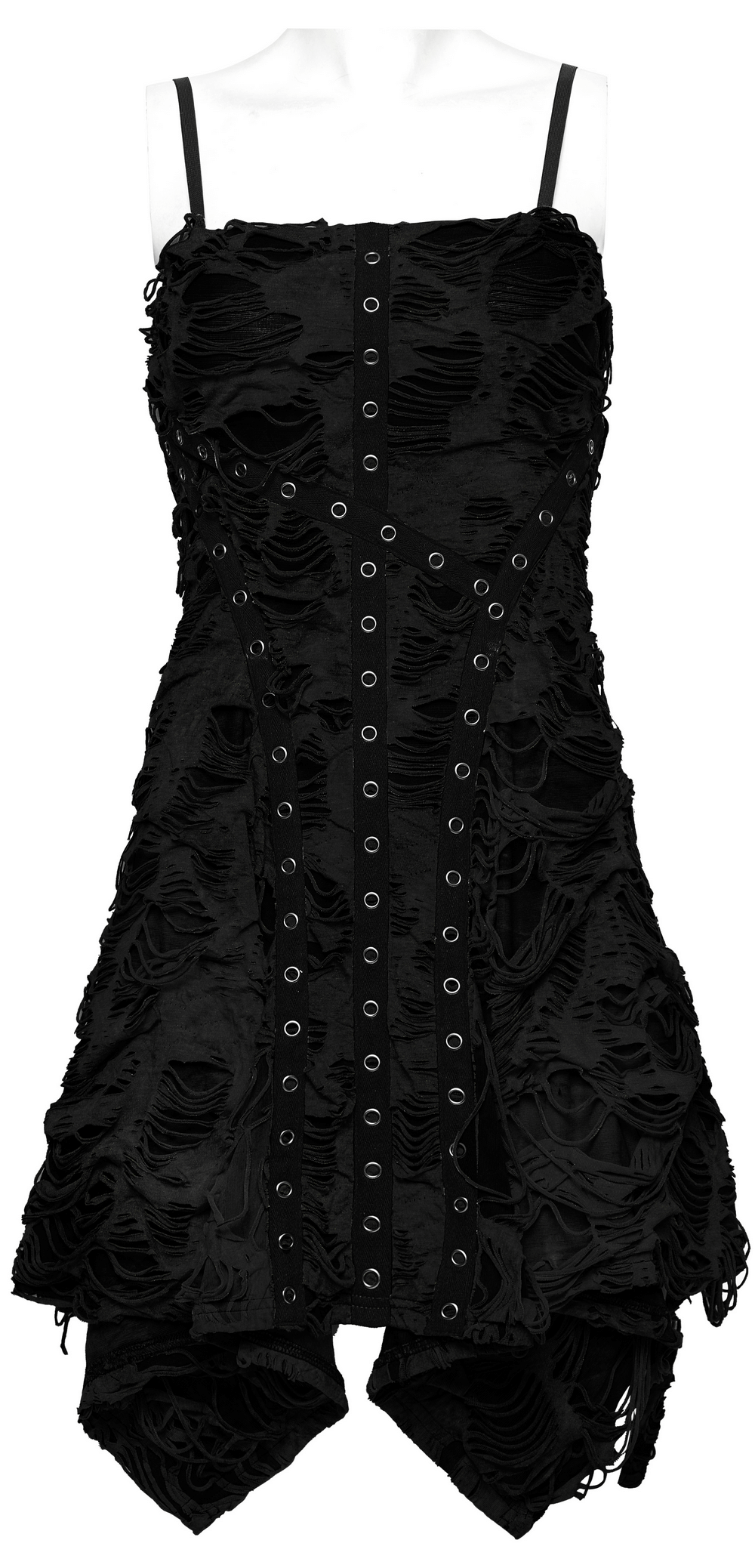 Edgy black ripped mini dress with lace-up details and tattered texture, perfect for a punk goth look.