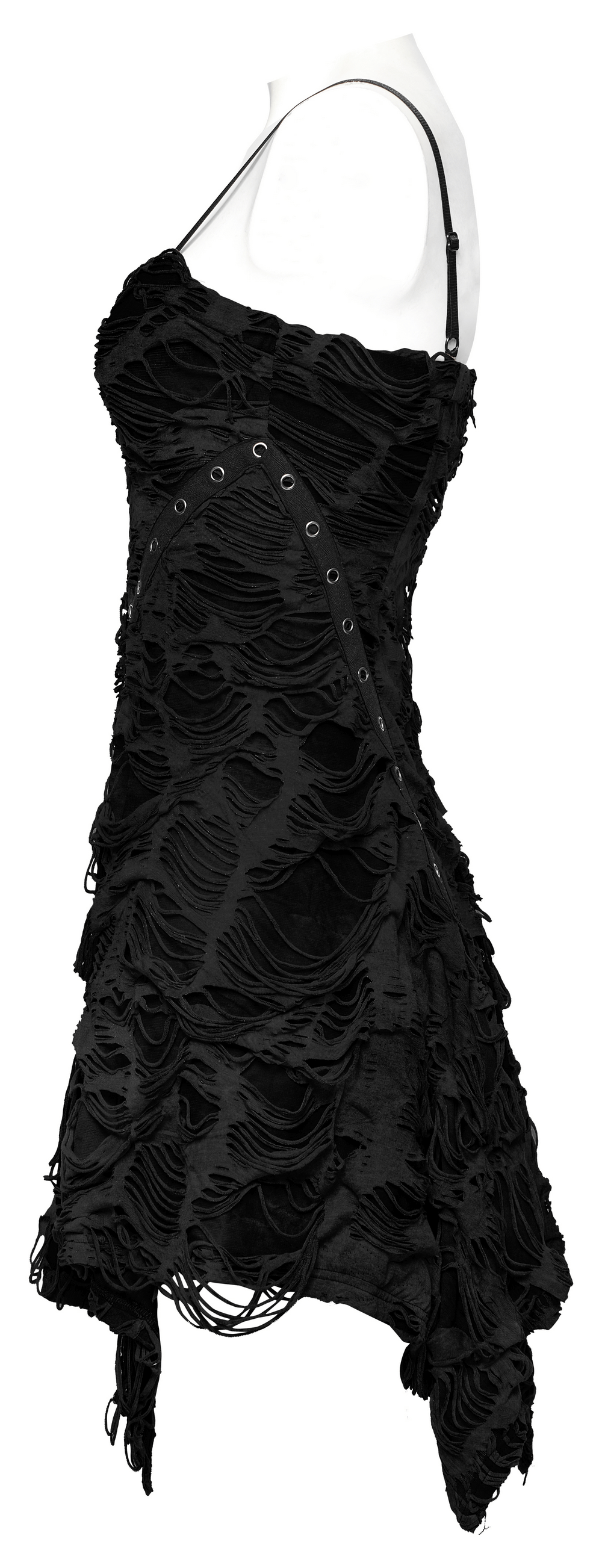 Edgy black shredded mini dress with tattered texture and lace-up details for a fierce gothic look.