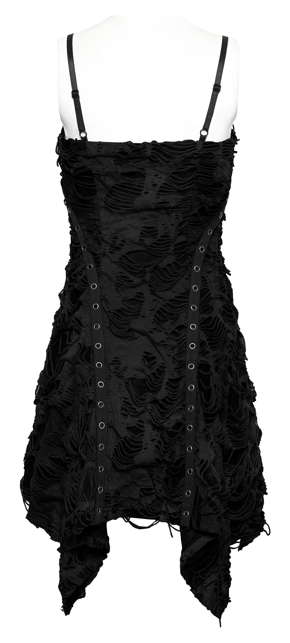 Back view of a black shredded punk mini dress with tattered texture and lace-up detailing.