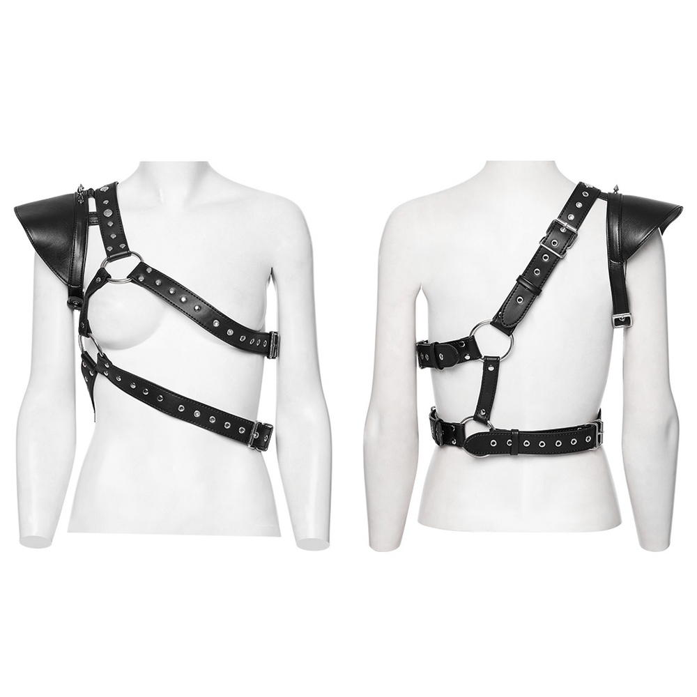 Black single shoulder harness with spikes and studs, punk-style adjustable shoulder armor with eco-friendly leather and metal eyelets.