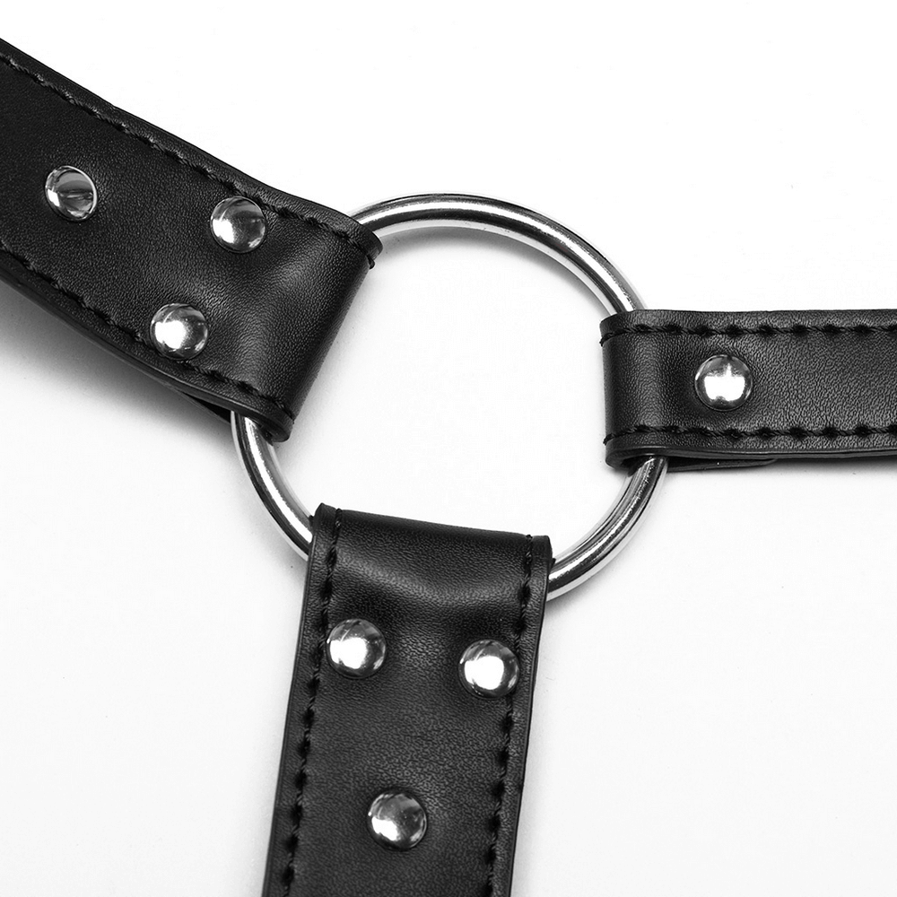 Punk-style black shoulder harness with metal studs and rings, eco-friendly synthetic leather accessories.