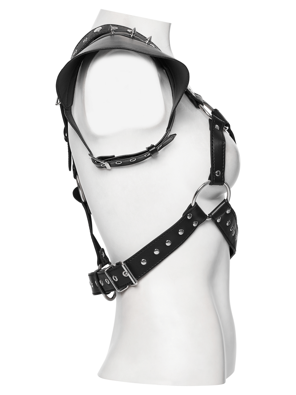 Punk-style black single shoulder harness with spikes and studs, adjustable belts, eco-friendly synthetic leather side view.