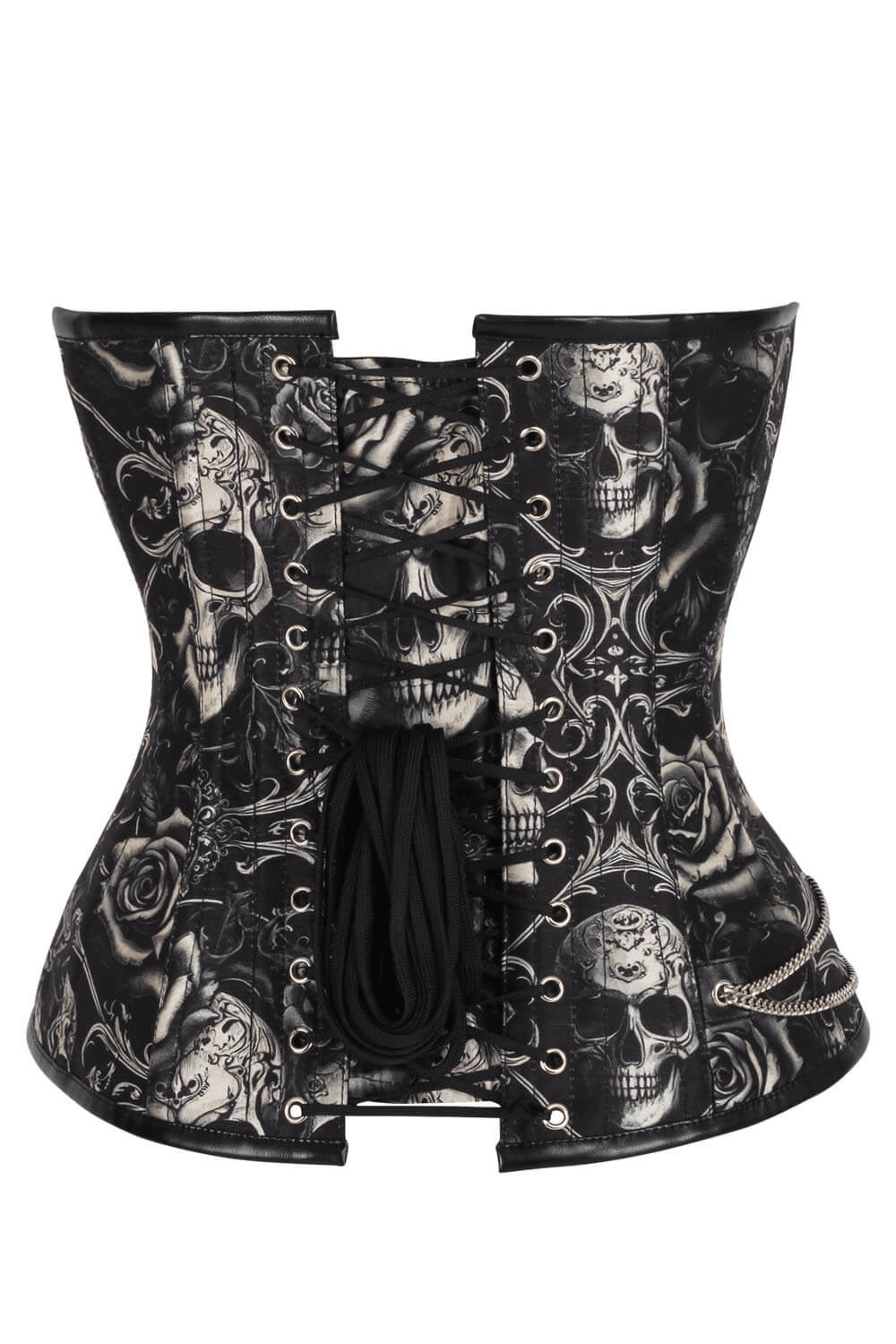 Alt Tag: Black Skull Baroque Overbust Corset in Steampunk Fashion, black-gray skull baroque print corset with lace-up back and chain pouch