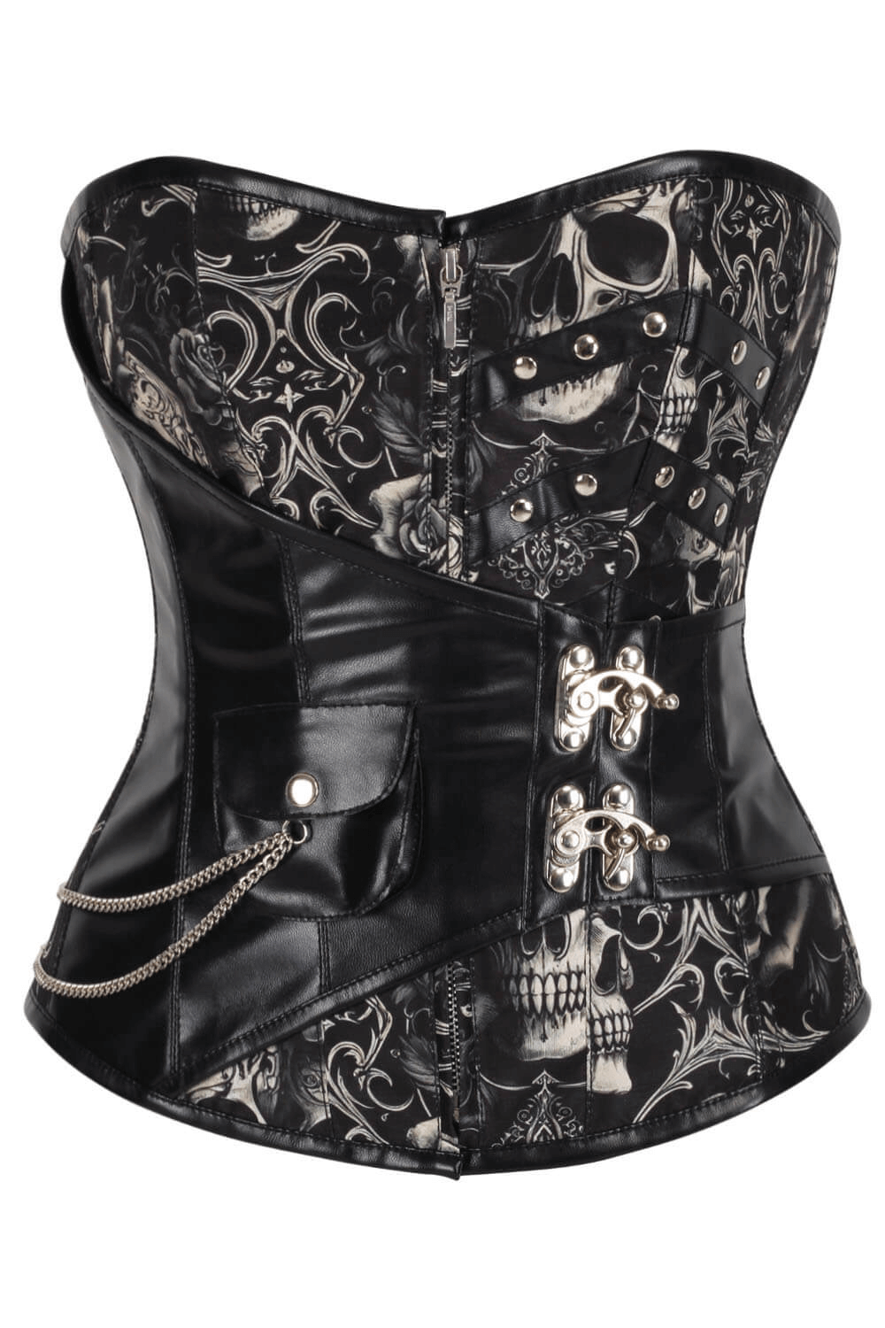 Alt Tag: Black Skull Baroque Overbust Corset in Steampunk Fashion with zipper front, lace-up back, skull baroque print, chain pouch