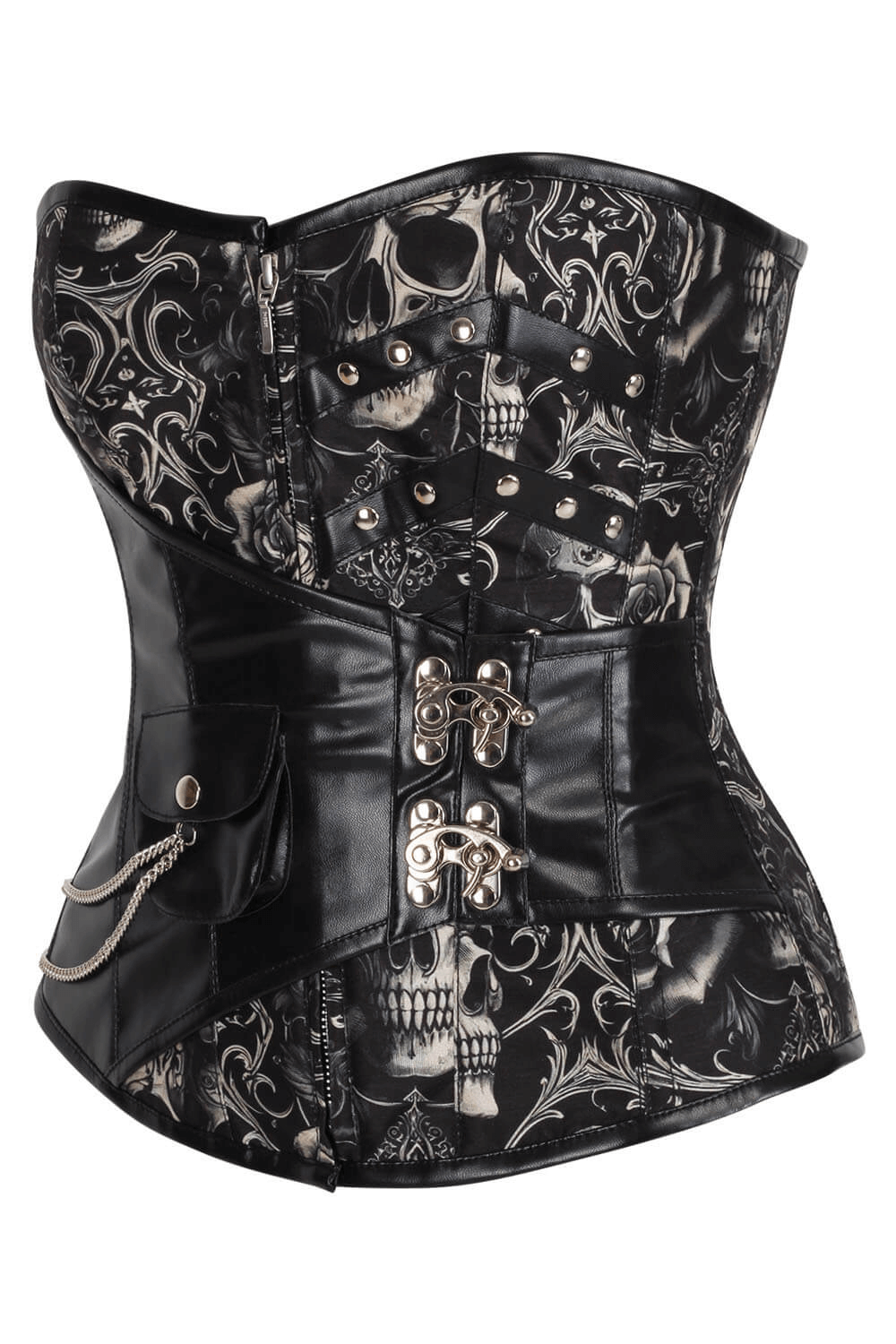 Alt Tag: Black Skull Baroque Overbust Corset in Steampunk Fashion black-gray gothic skull scroll print corset, front zipper, lace-up back, chain pouch