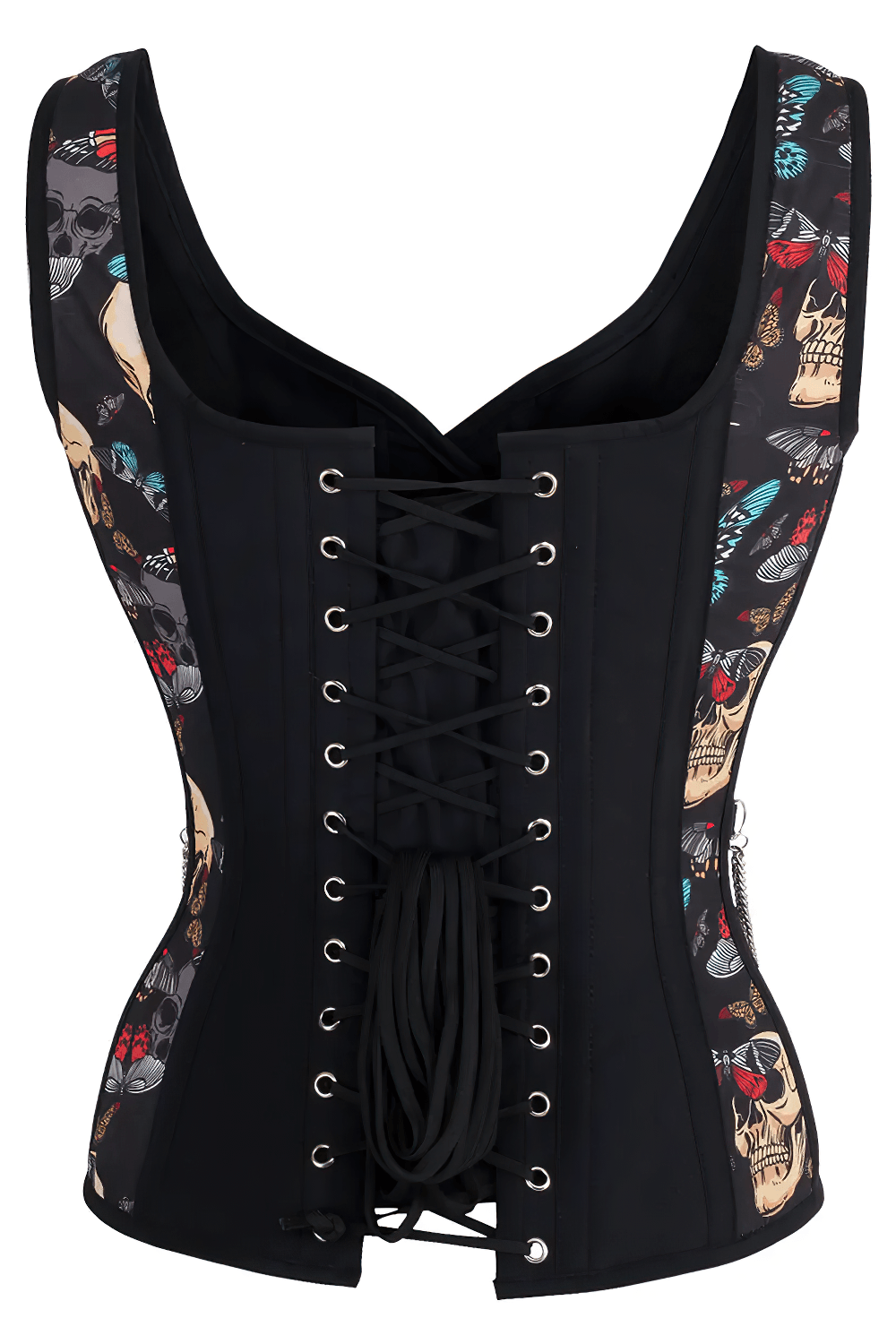 Black Skull Butterfly Gothic Overbust Corset with Chain Trim featuring intricate lace-up back and striking skull print.