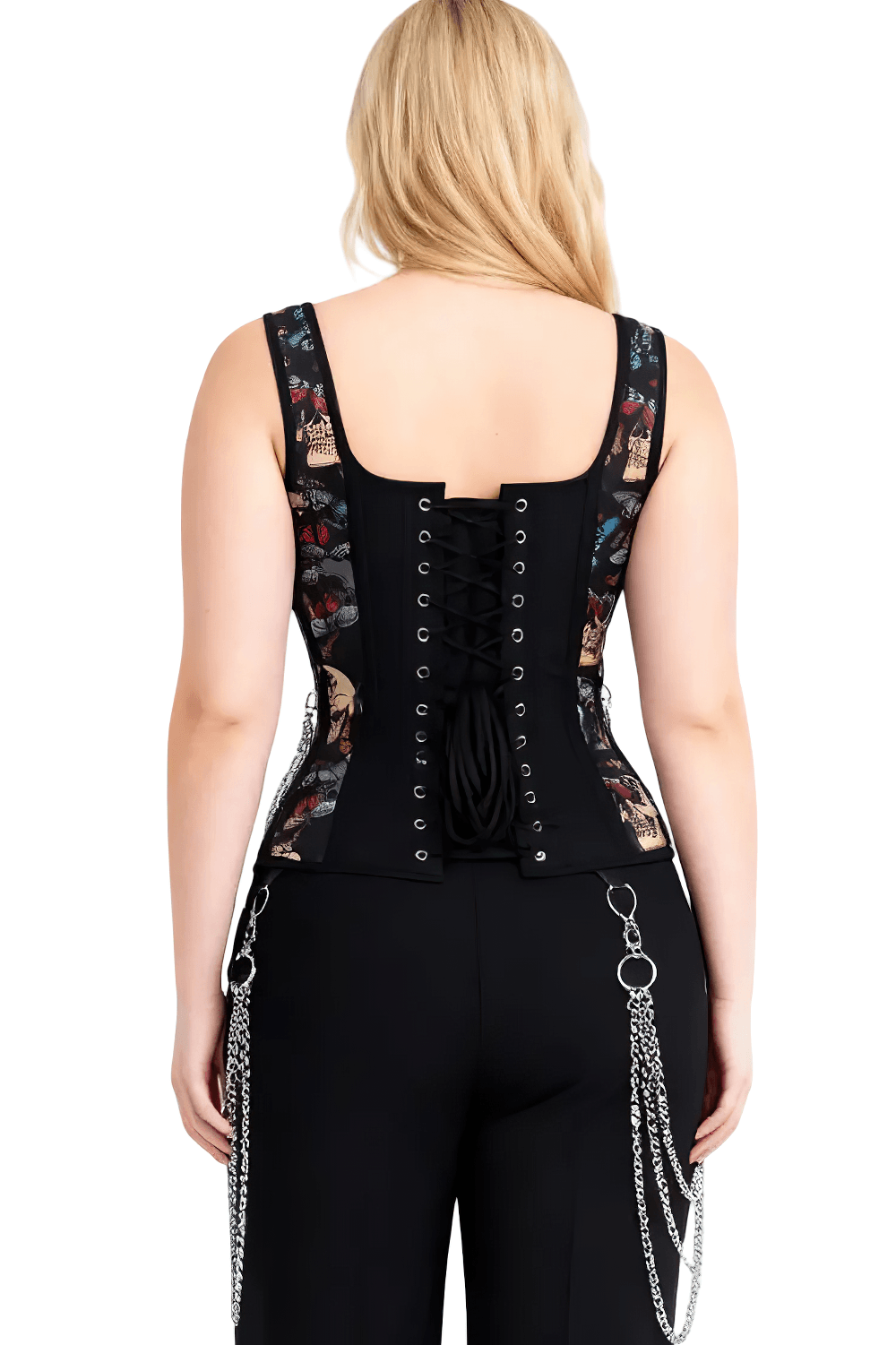 Black Skull Butterfly Gothic Overbust Corset with Chain Trim back view showcasing lace-up design and punk-inspired details.