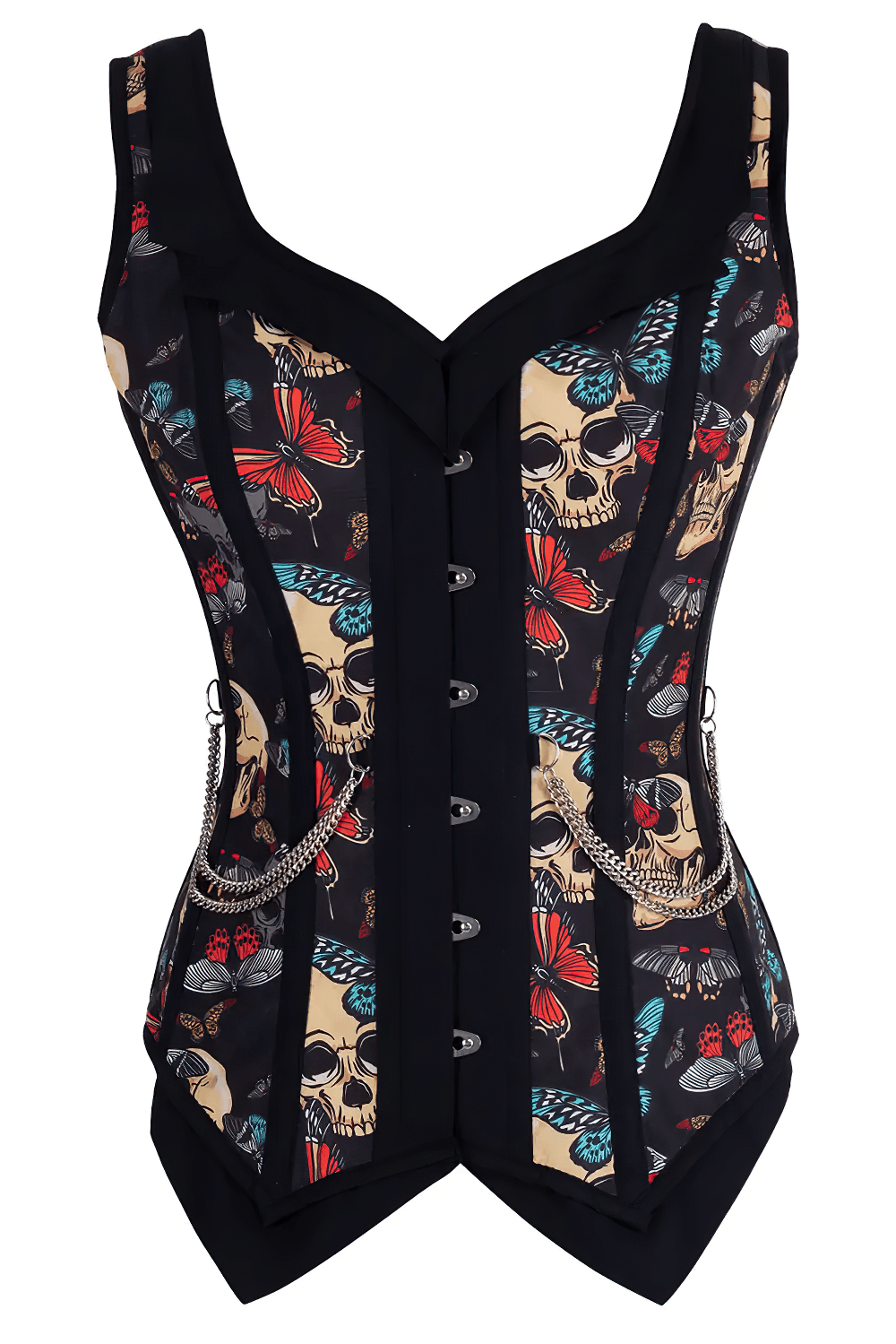 Black Skull Butterfly Gothic Overbust Corset with Chain Trim featuring skull and butterfly print.