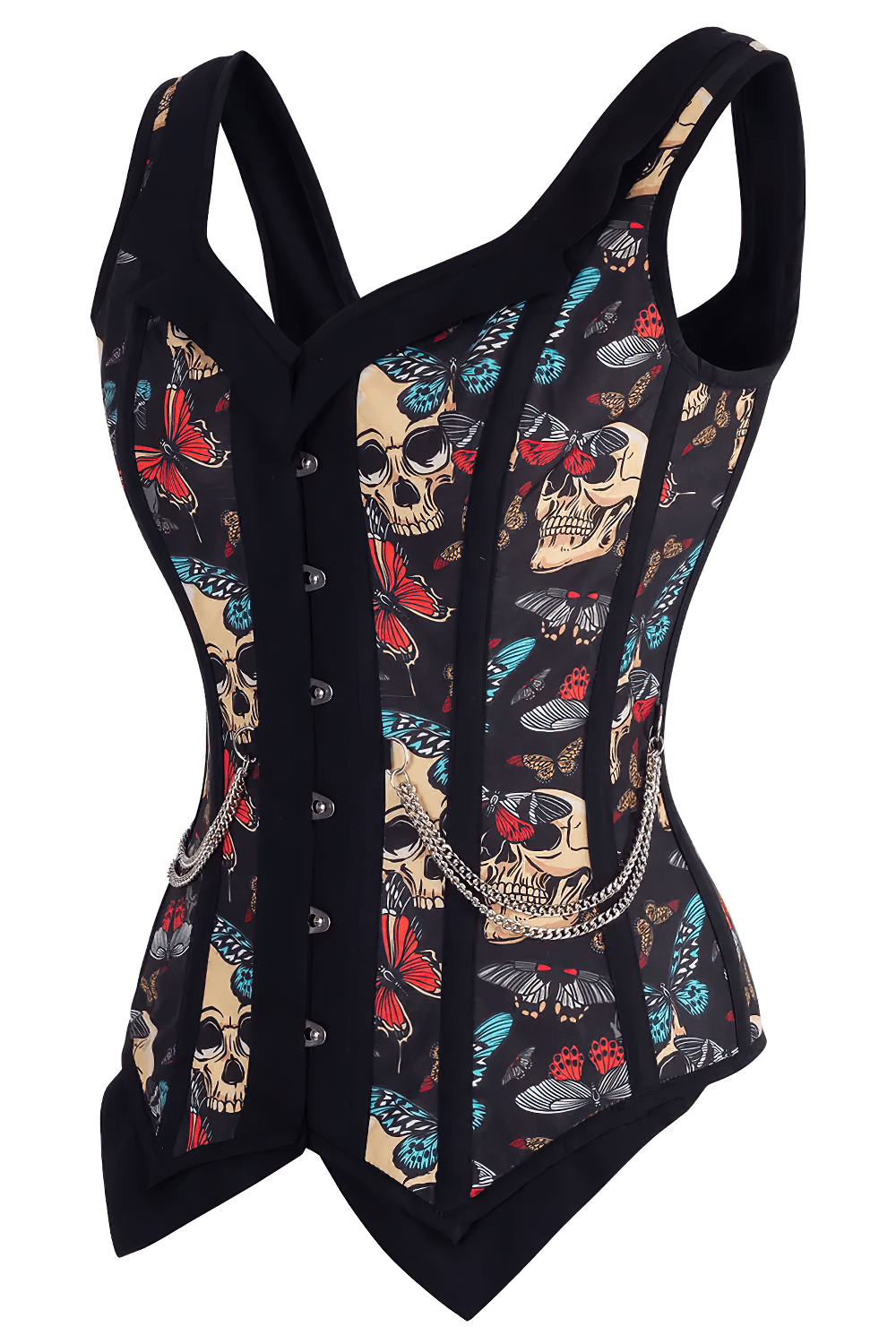 Black Skull Butterfly Gothic Overbust Corset with Chain Trim featuring vibrant skull and butterfly print