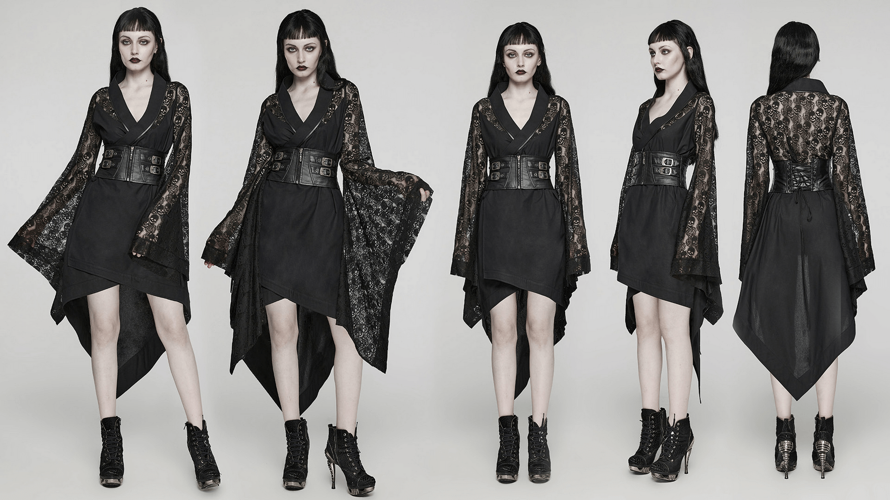 Gothic black skull lace kimono dress with corset belt and irregular hem, perfect for punk rock fashion.