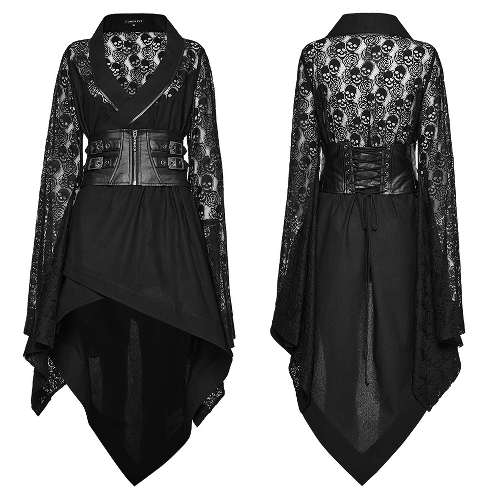 Black skull lace kimono dress with corset and irregular hem, showcasing gothic style and dramatic sleeves.