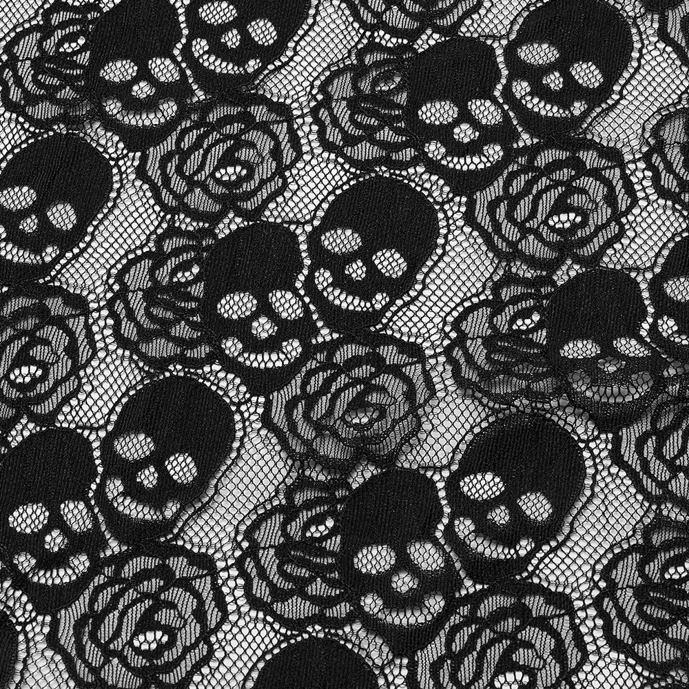 Black lace fabric featuring skulls and roses pattern, perfect for gothic punk fashion and kimono dresses.