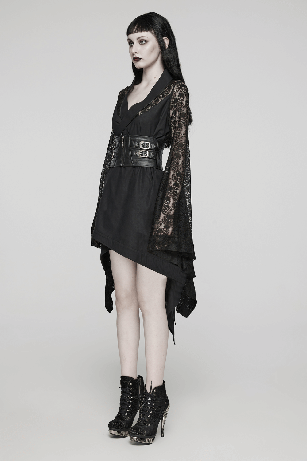 Black skull lace kimono dress with belt and irregular hem showcasing gothic elegance and punk rock style.