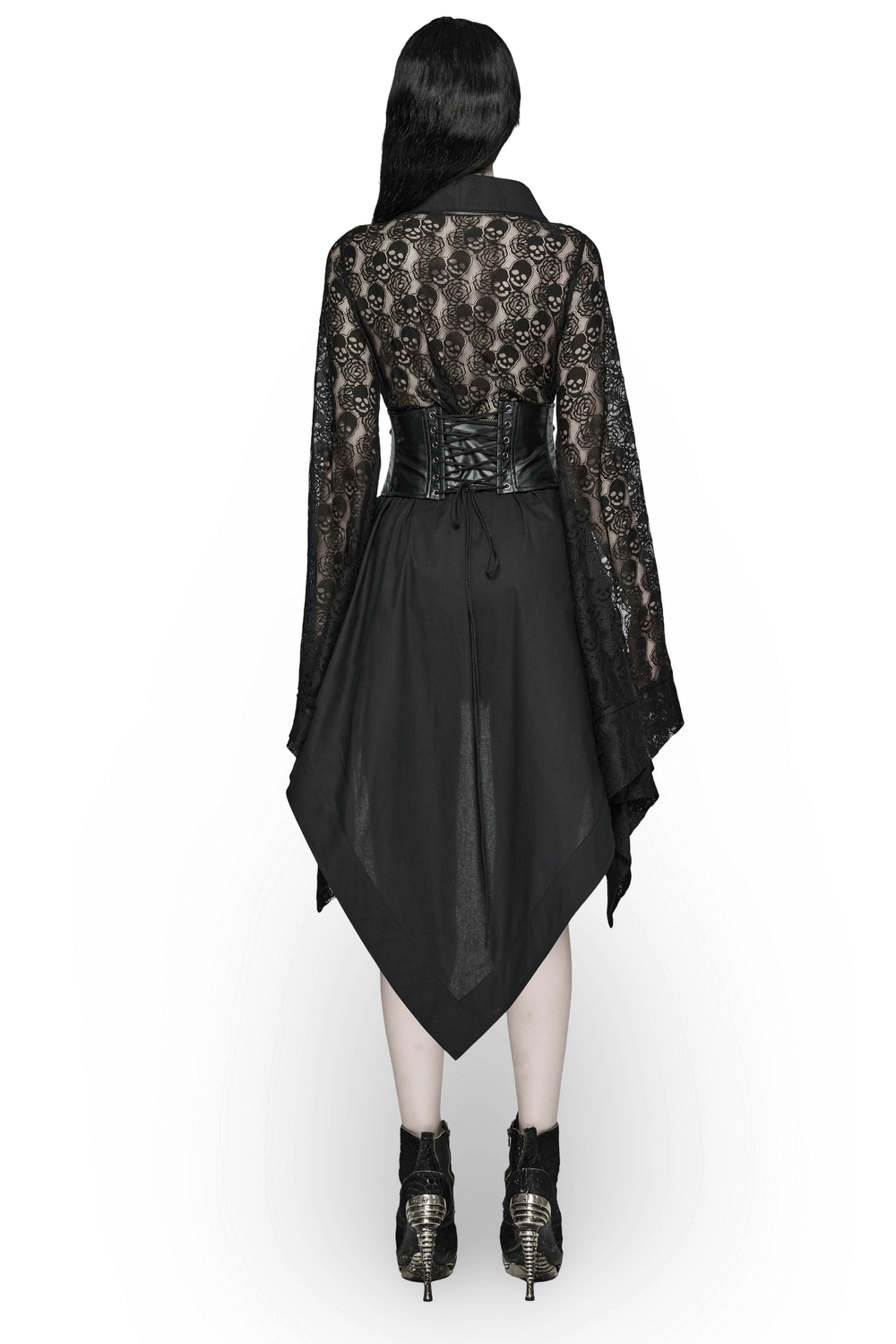 Back view of a black skull lace kimono dress with corset and irregular hem, exuding punk rock style.