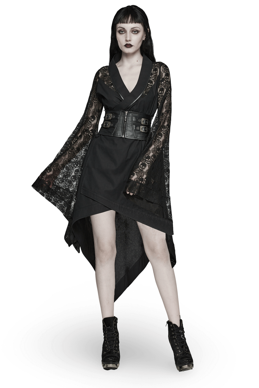 Black Skull Lace Kimono Dress with Belt and Irregular Hem, showcasing a punk rock style and gothic allure.