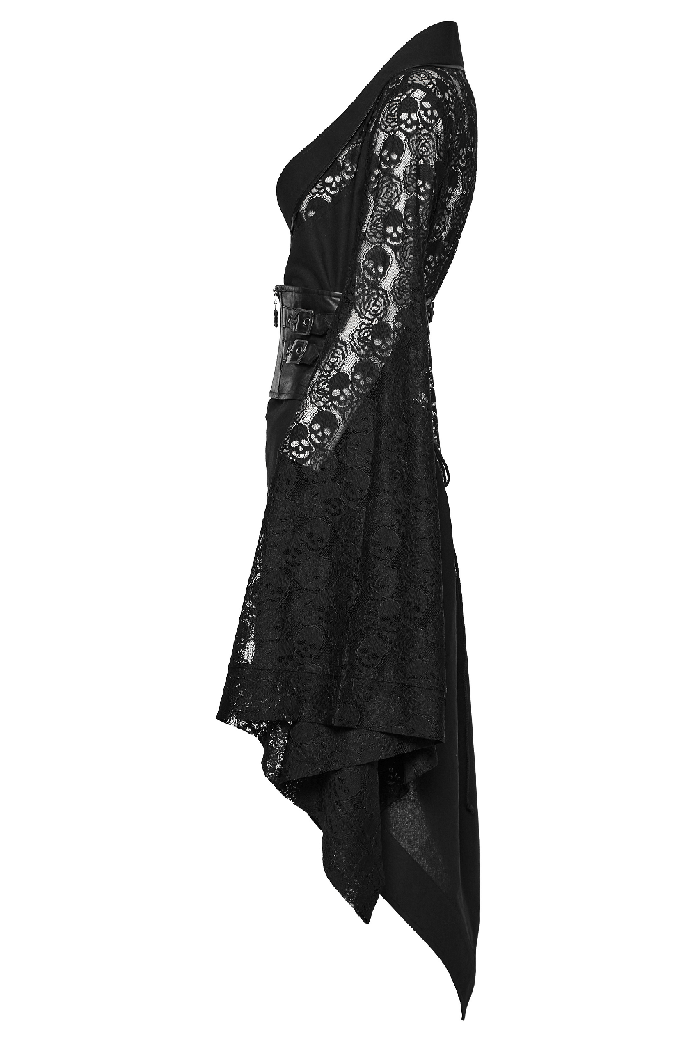 Black skull lace kimono dress showcasing dramatic sleeves and irregular hem with stylish belt.