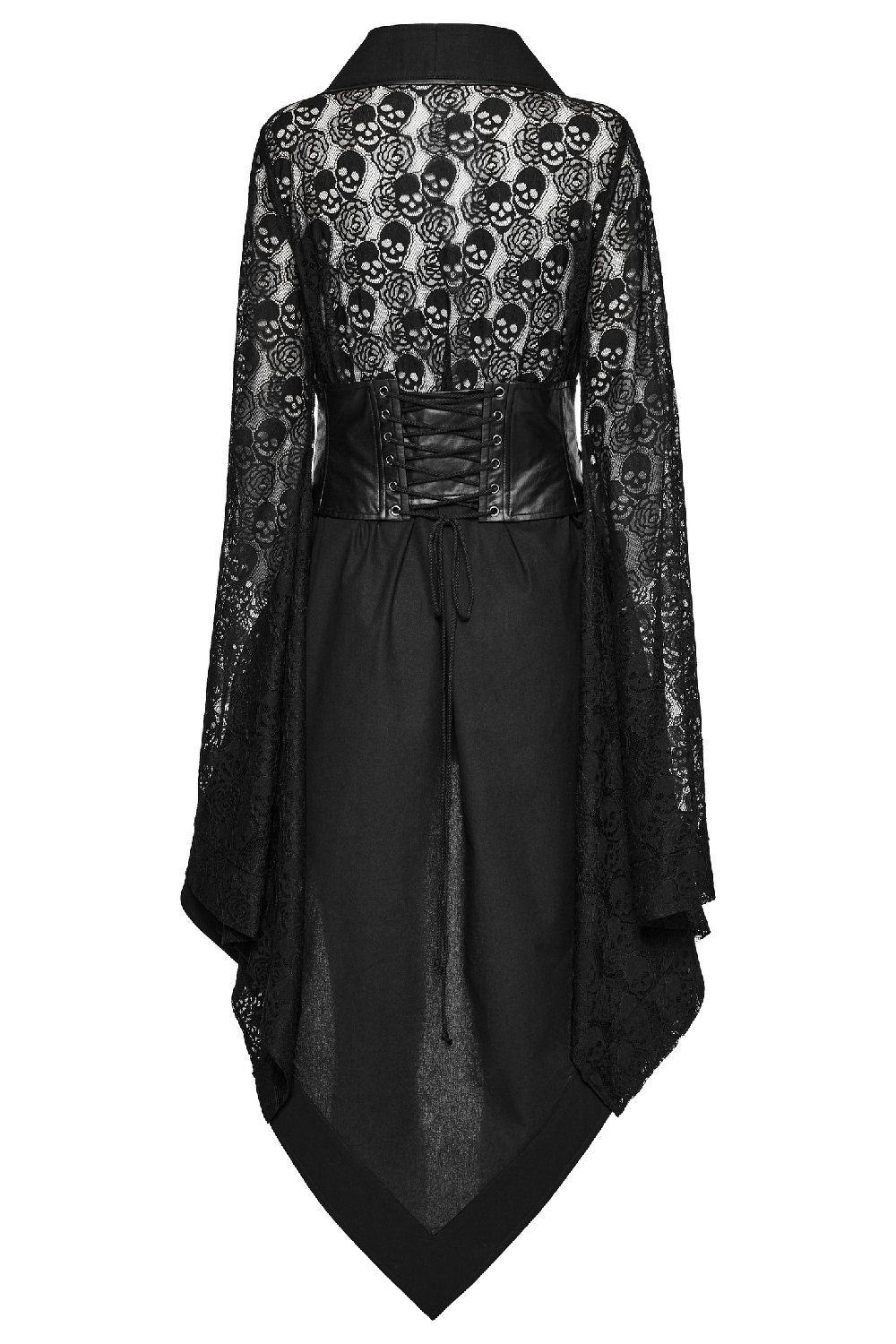 Black skull lace kimono dress with corset and irregular hem, perfect for a gothic punk look.