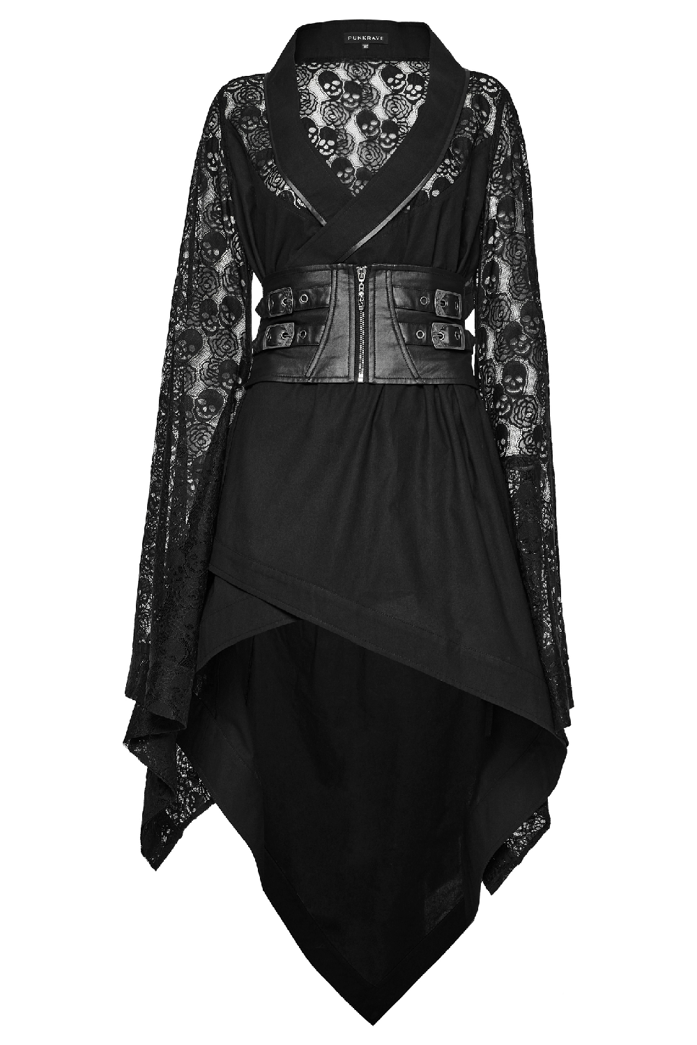 Black skull lace kimono dress with irregular hem and corset belt for a gothic punk rock look.