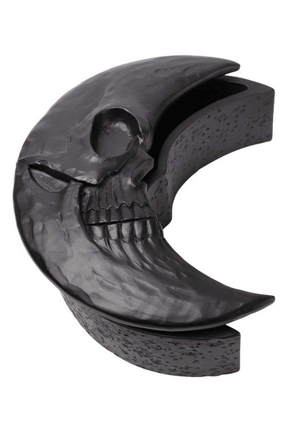 Black skull crescent moon trinket box, gothic jewelry storage with textured lunar design.