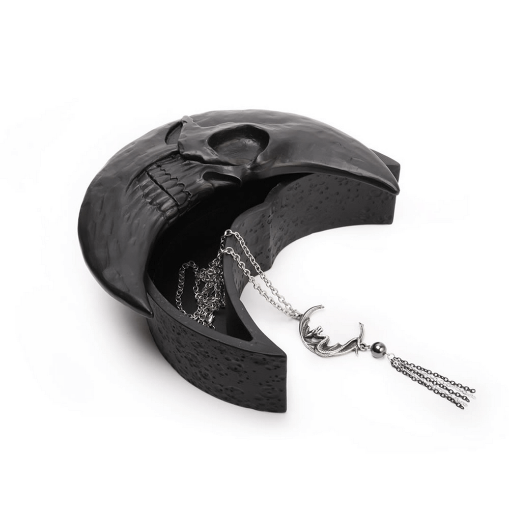 Black skull crescent moon jewelry storage box holding silver necklace, perfect for gothic decor lovers.