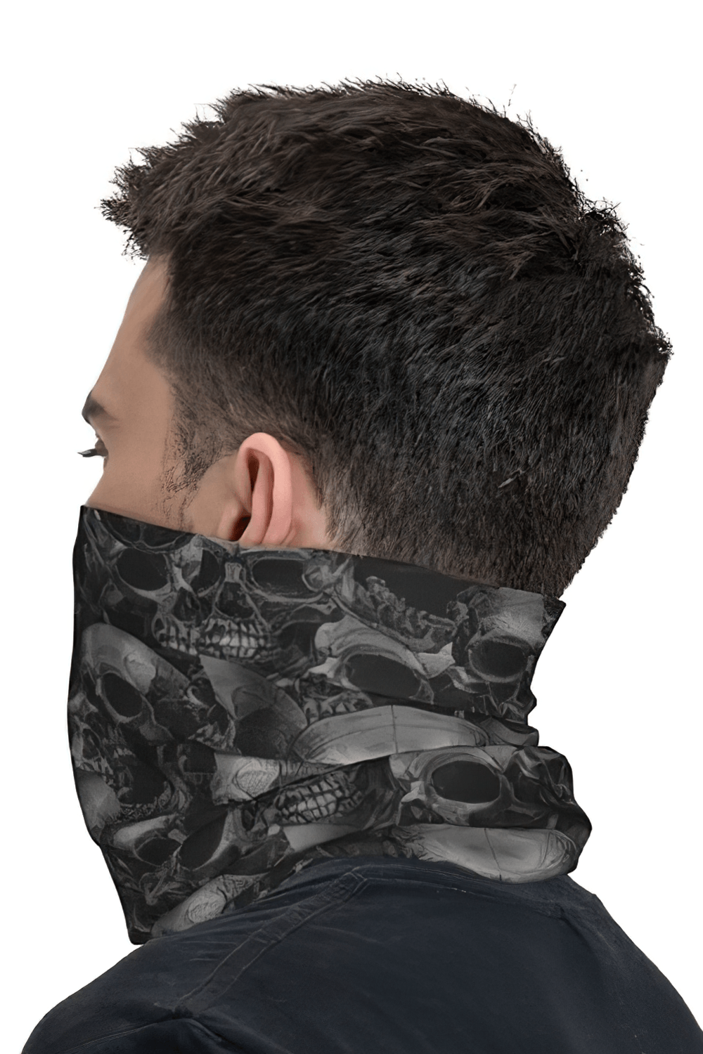 Black Skull Print Neck Gaiter and Face Cover Bandana worn for a gothic outdoor look with skull artwork.