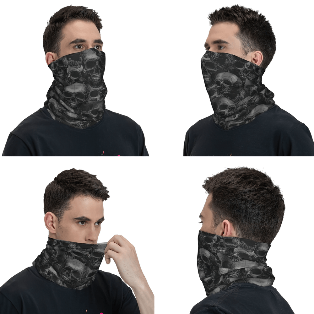 Black Skull Print Neck Gaiter and Face Cover Bandana worn by a model from various angles, showcasing its gothic design.