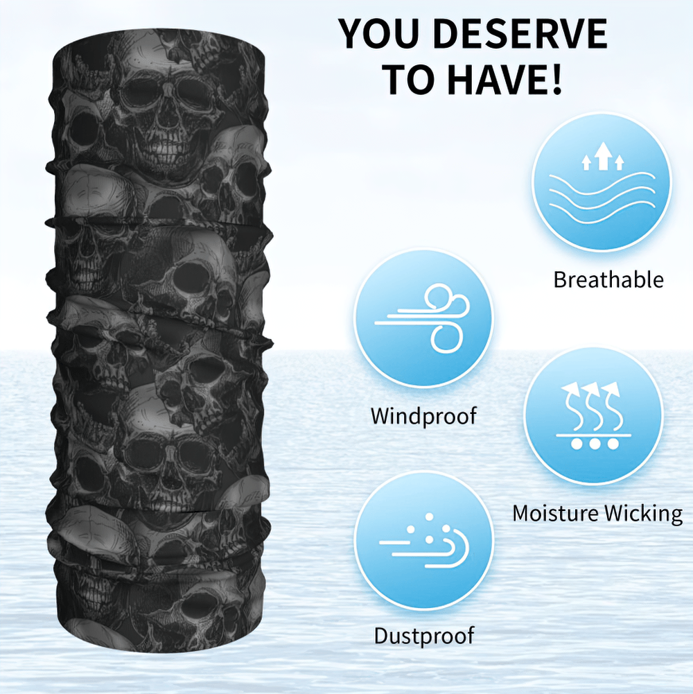 Black Skull Print Neck Gaiter and Face Cover Bandana with breathable and windproof features.