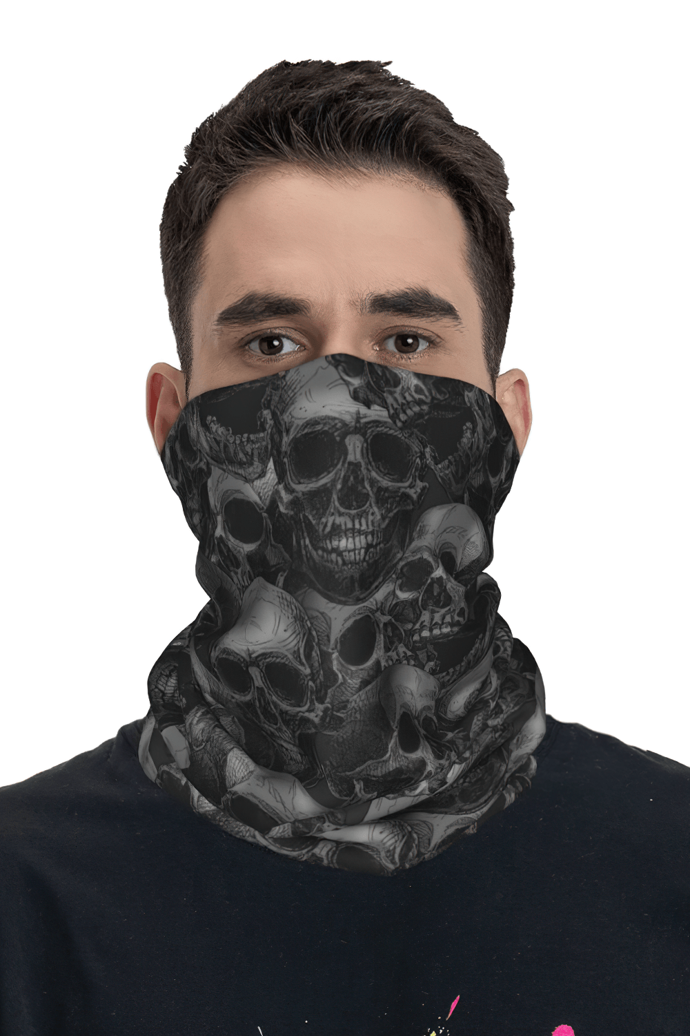Black Skull Print Neck Gaiter and Face Cover Bandana worn by a model showcasing gothic skull design.