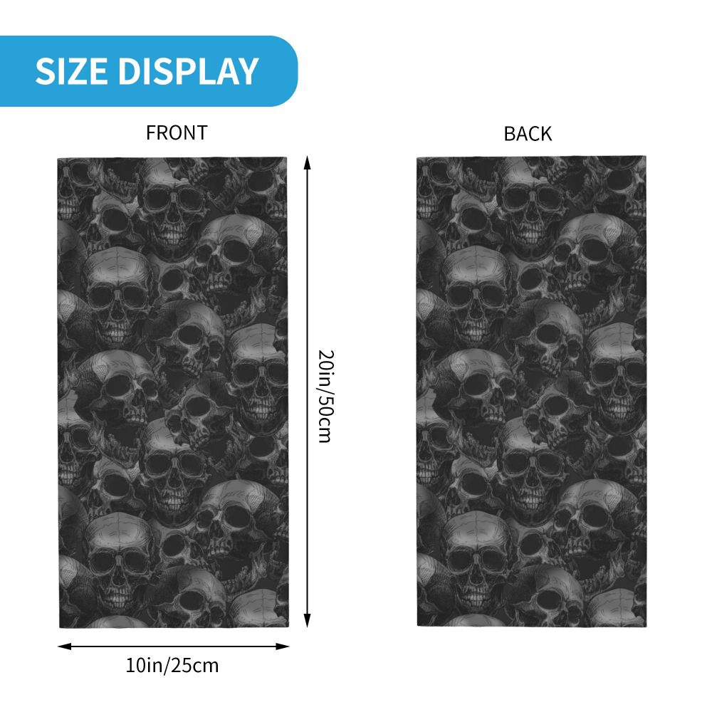 Black Skull Print Neck Gaiter and Face Cover Bandana size display showing front and back designs with skull artwork.
