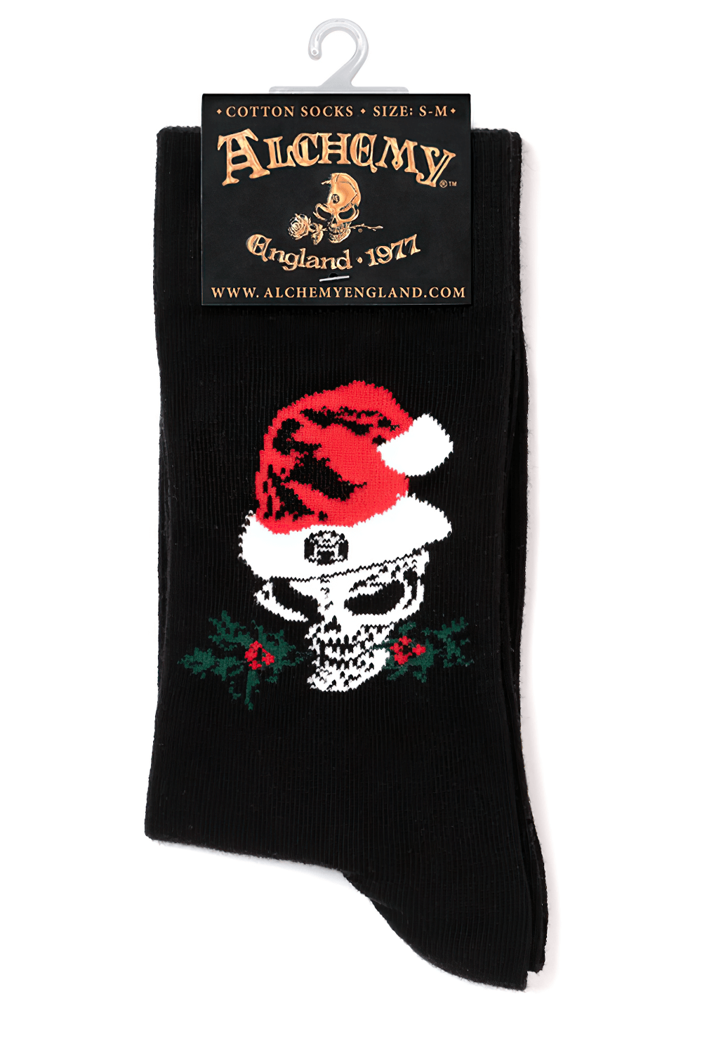 Black skull Santa holiday socks with gothic design, festive skull logo, and holly details from Alchemy.