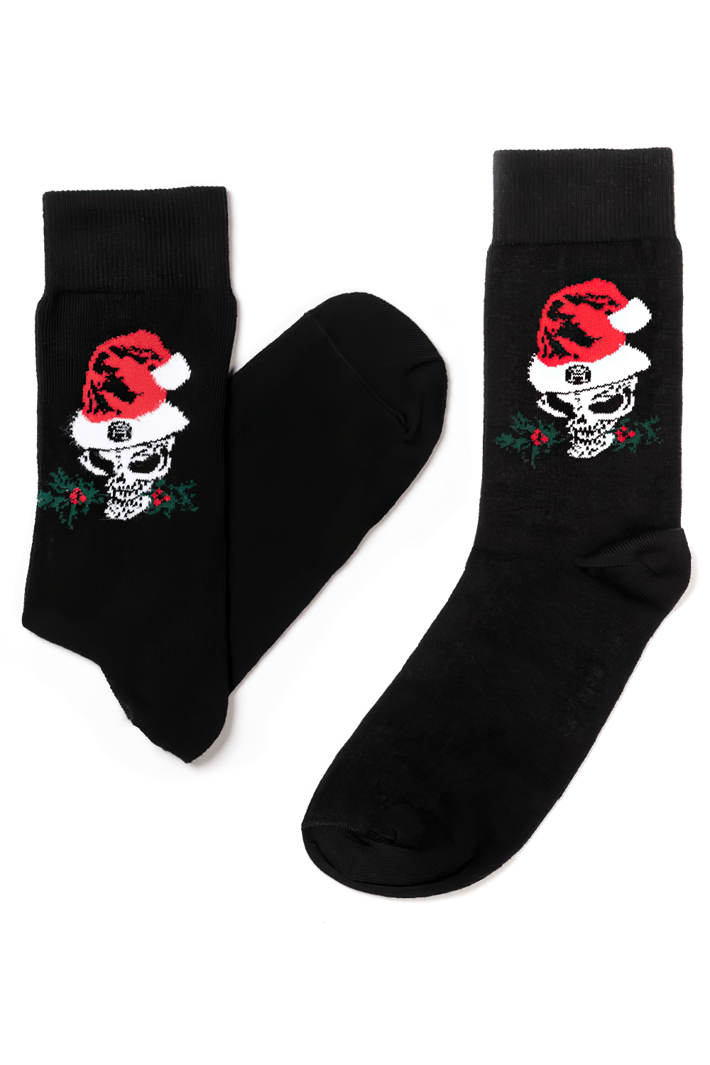 Black Skull Santa holiday socks featuring a festive Santa hat and holly for a gothic style twist.