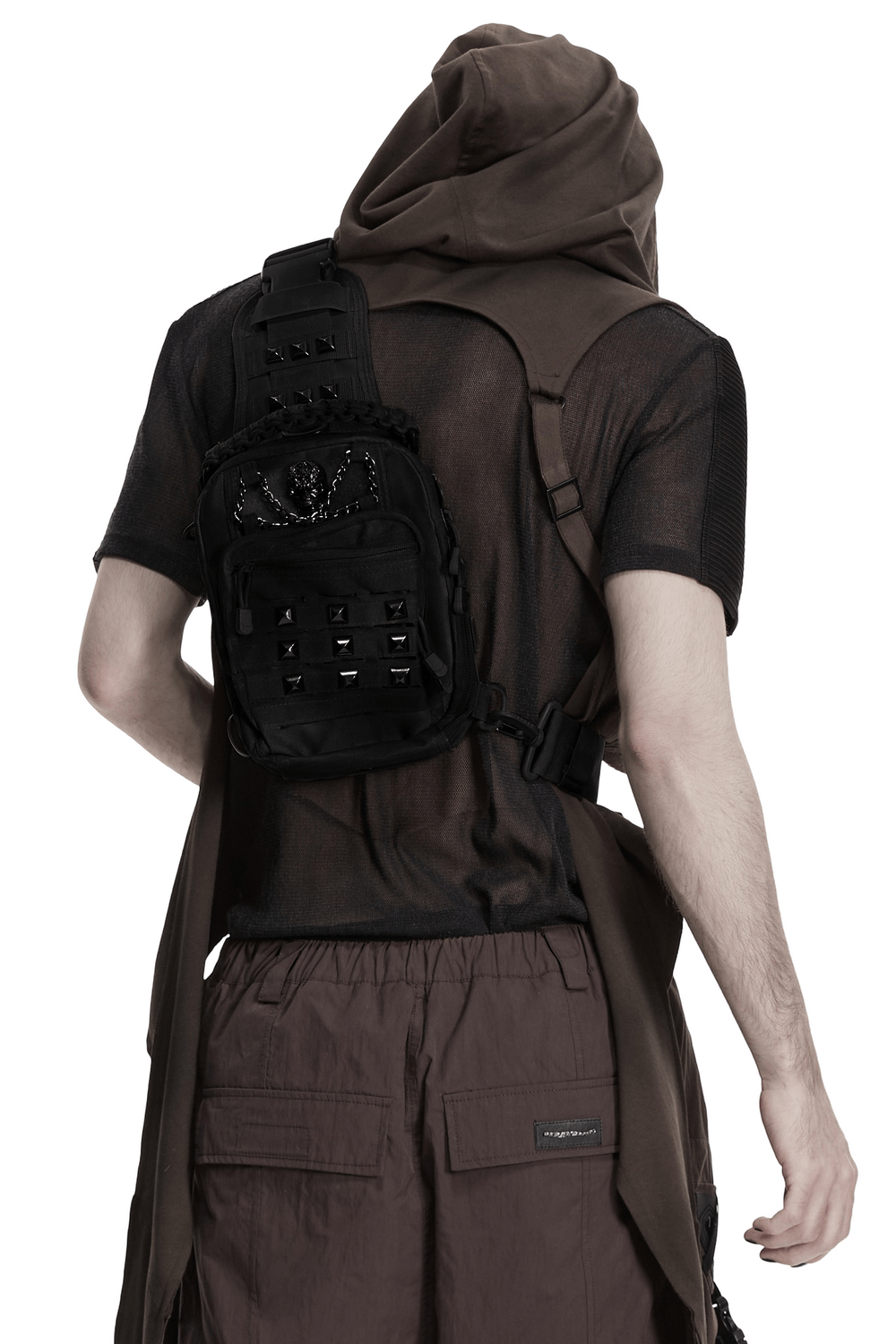 Black Skull Studded Punk Crossbody Backpack Bag worn stylishly on a model's back with a unique, edgy design.