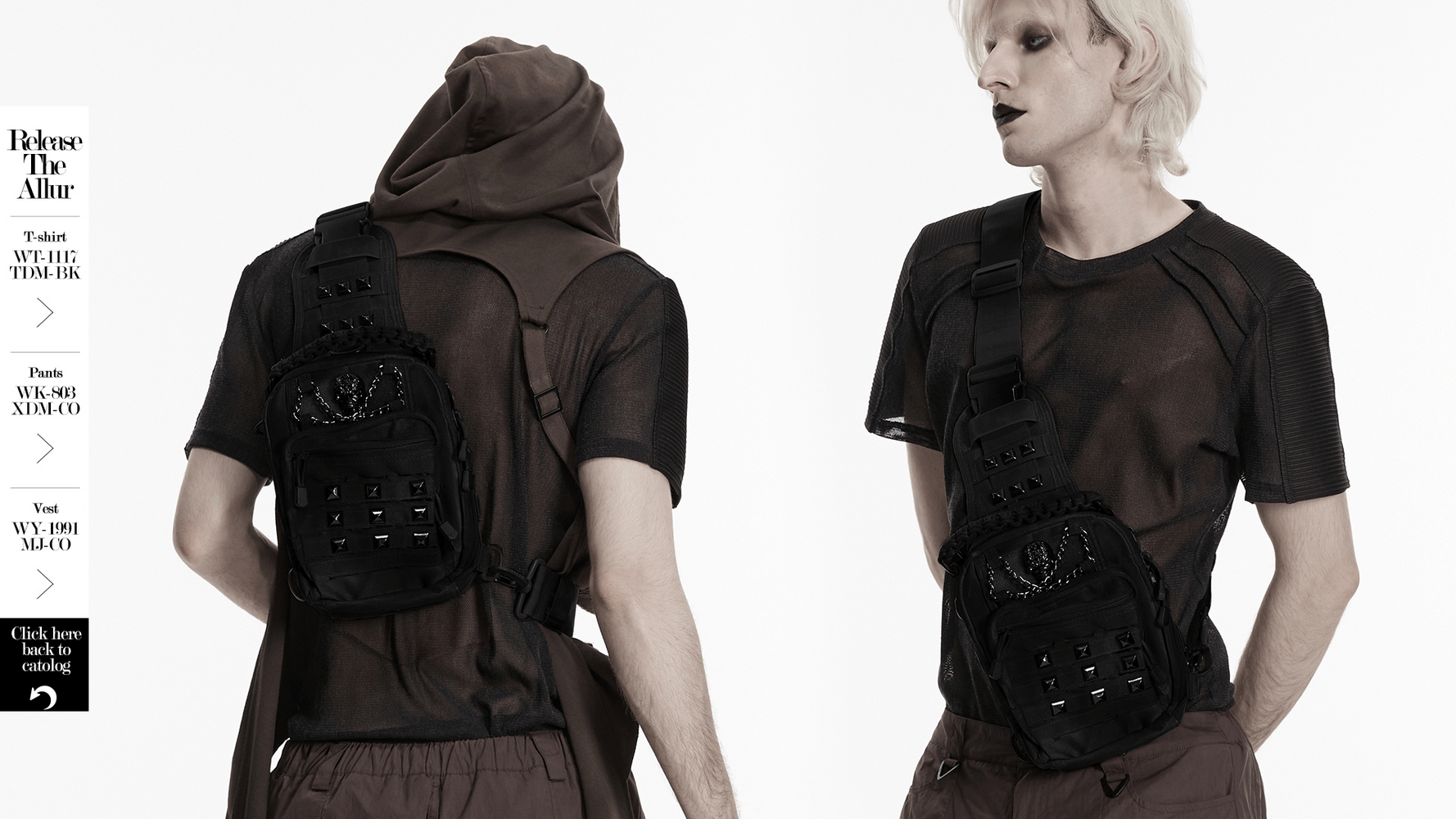 Black Skull Studded Punk Crossbody Backpack Bag showcased by a model, featuring a unique punk design and adjustable strap.