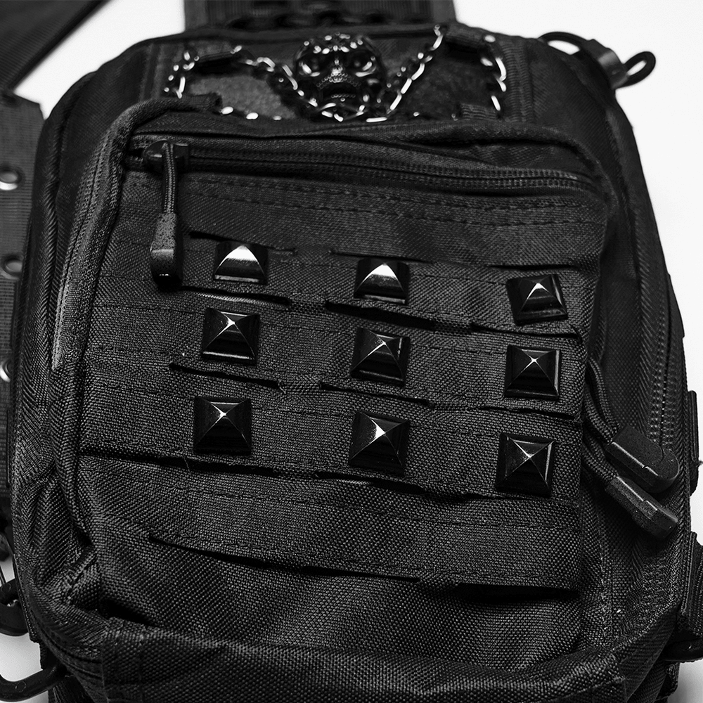 Black Skull Studded Punk Crossbody Backpack Bag with pyramid studs and skull detail on the front.