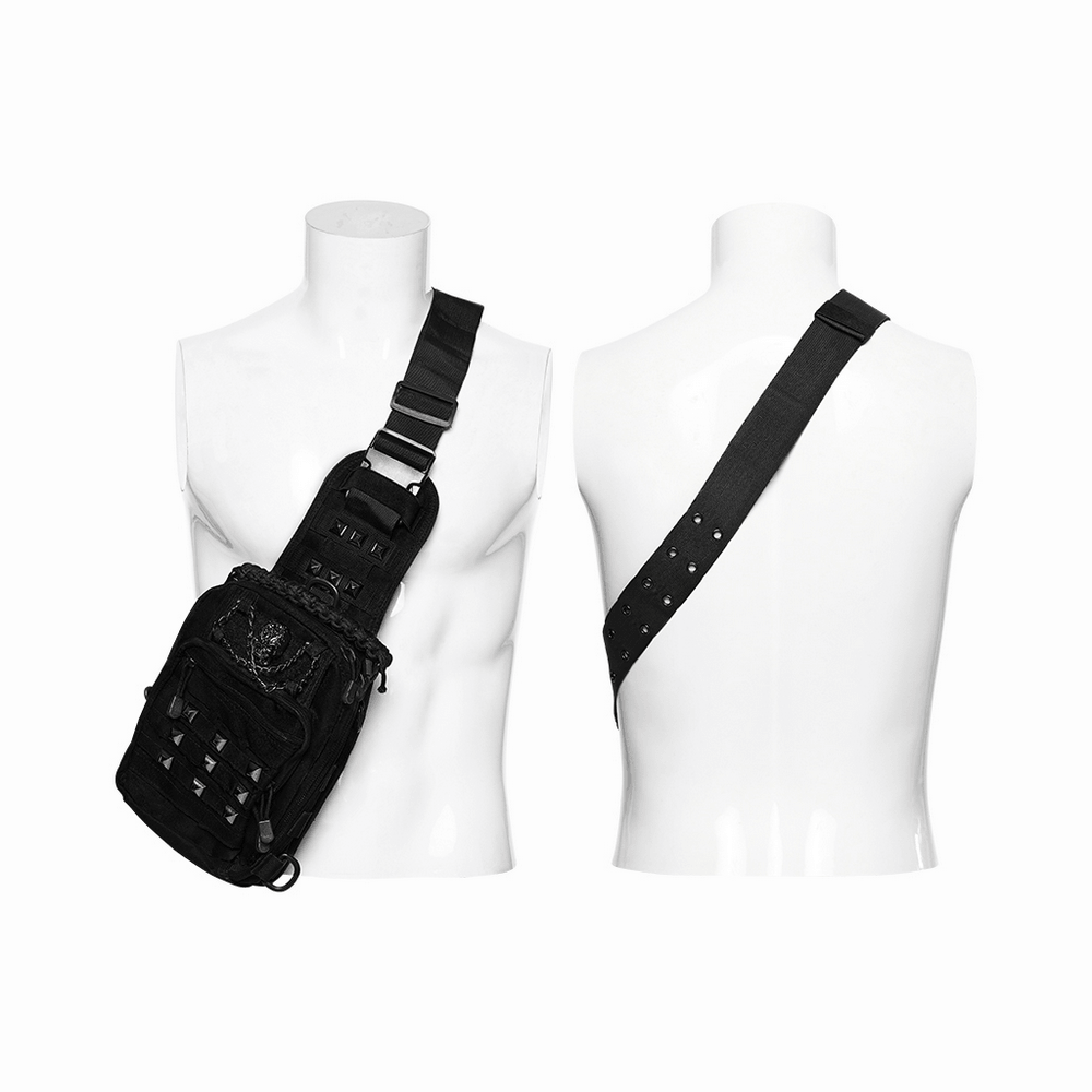 Black Skull Studded Punk Crossbody Backpack Bag shown on mannequins, displaying front and back views with adjustable strap.