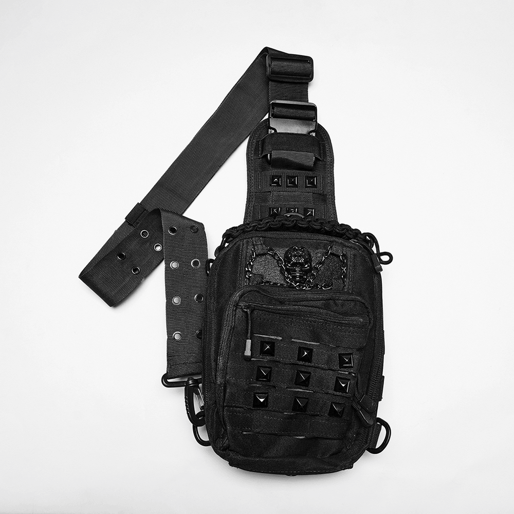 Black Skull Studded Punk Crossbody Backpack Bag with metal skull detail and pyramid studs, perfect for punk style.