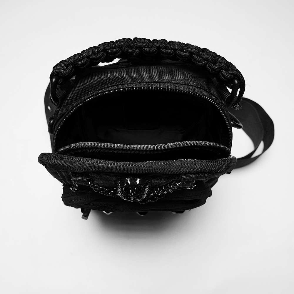 Inside view of Black Skull Studded Punk Crossbody Backpack Bag showing spacious compartments and stylish design.