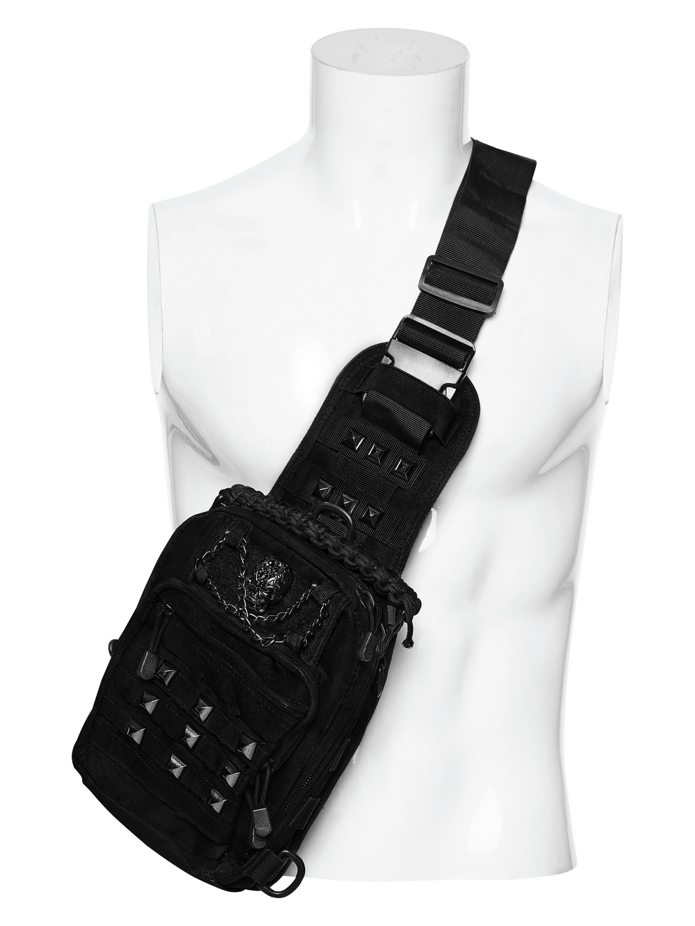 Black Skull Studded Punk Crossbody Backpack Bag on mannequin showcasing its edgy design and studded details.