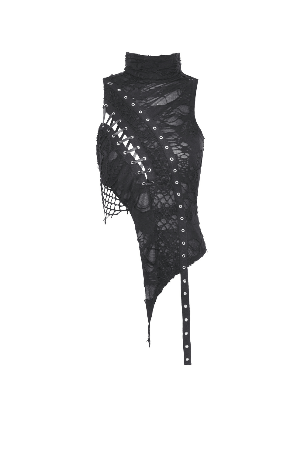 Black sleeveless lace-up asymmetric turtleneck top with shredded detailing and bold accents.